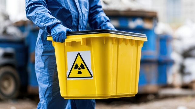 Person in Hazmat Suit Holding Yellow Radioactive Waste Container
