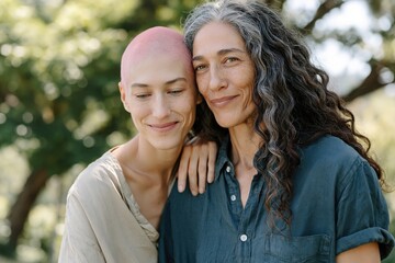 Naklejka premium Two women leaning together and smiling in shaded park