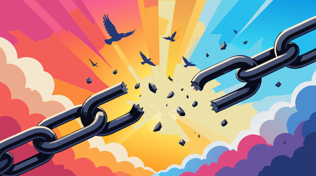Powerful flat vector illustration of broken heavy metal chains signifying freedom, liberation, and escape from bondage, perfect for human rights, independence, and social justice concepts.