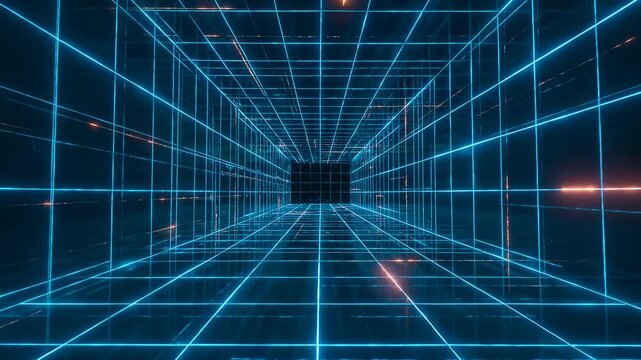 Advancing camera moving blue grid tunnel in digital corridor to central void, showing orange sparks