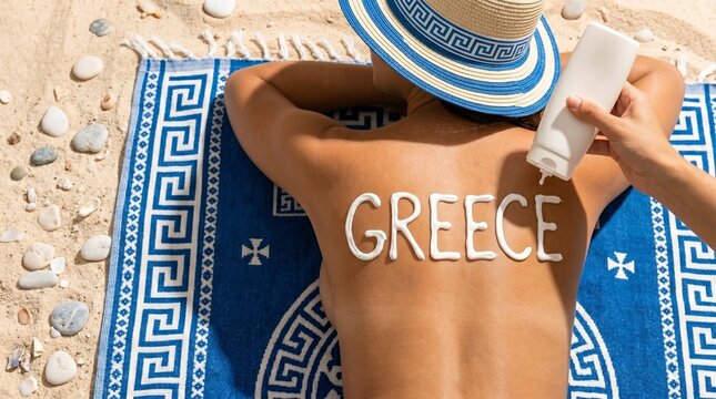 Aplica&ccedil;&atilde;o de protetor solar em forma de "GREECE" nas costas de uma pessoa deitada na praia