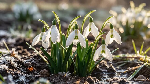 Delicate snowdrops emerge from soil in early spring sunlight