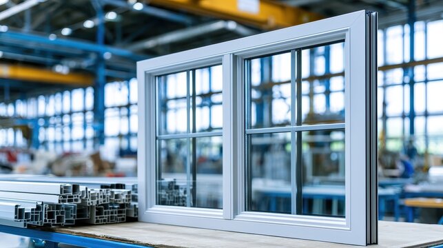 White double-pane window in manufacturing workshop.