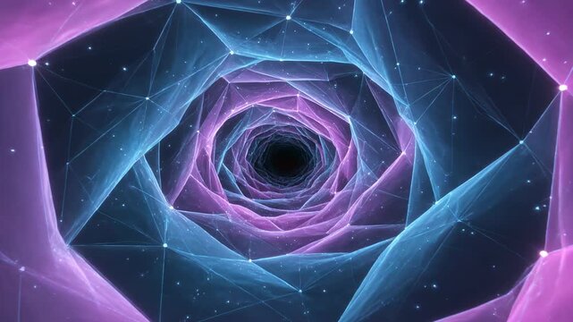 Starting CG animation showing spiraling polygon tunnel with nodes advancing inward toward dark void