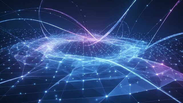 Activating center nodes, forming torus ring brightening and rippling across holo grid with ribbons