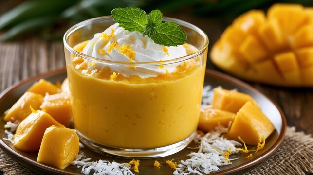 Mango mousse dessert in a glass topped with whipped cream, mint leaf, and orange zest, served with fresh mango chunks and shredded coconut on a plate