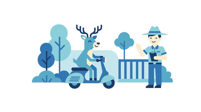 Deer riding scooter with park ranger