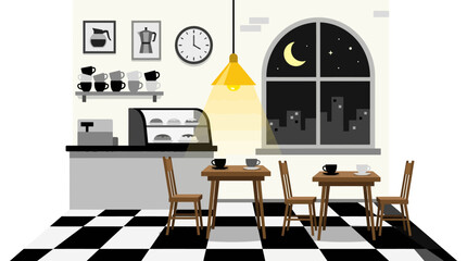 Fototapeta premium Cozy cafe interior at night with city view, checkered floor, warm lighting.
