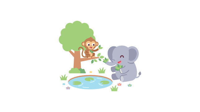 Cute Cartoon Elephant and Monkey Friends in Nature Scene