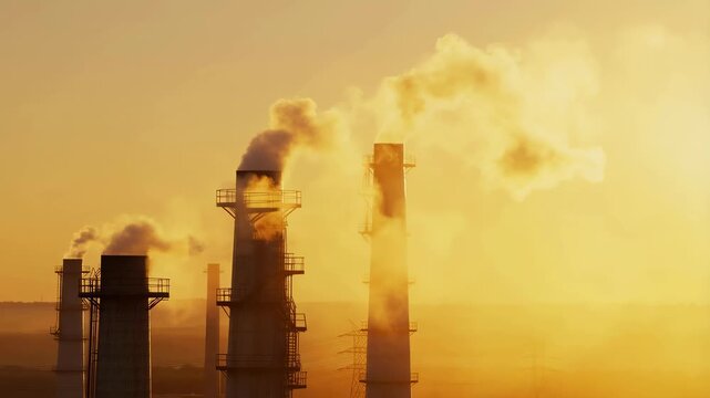 Industrial smokestacks releasing emissions against a golden sunset. Symbolizing environmental impact and industrialization challenges