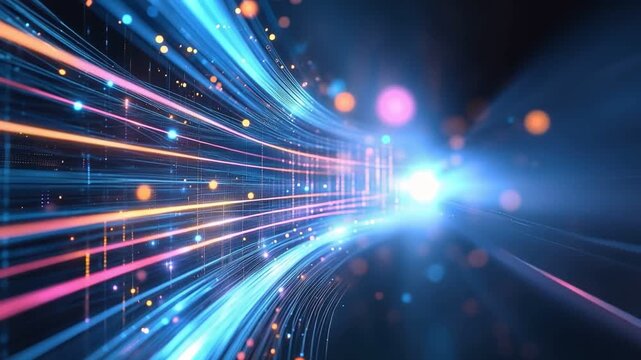 Abstract Tunnel of Light: A mesmerizing abstract visual depicting a futuristic tunnel with streaks of light, glowing orbs, and a bright, radiant endpoint, symbolizing speed, data transfer.