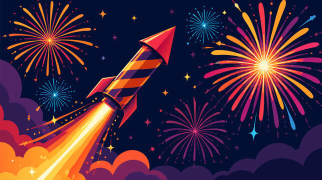 Vibrant flat vector illustration of a soaring firework rocket with a red and blue design, capturing the excitement of celebration, Independence Day, New Year festivals, and festive party events.