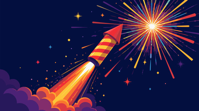 Soaring firework rocket ready to explode into colorful sparks in the night sky, vibrant flat vector illustration for festive celebration, New Year, Independence Day event banner background.