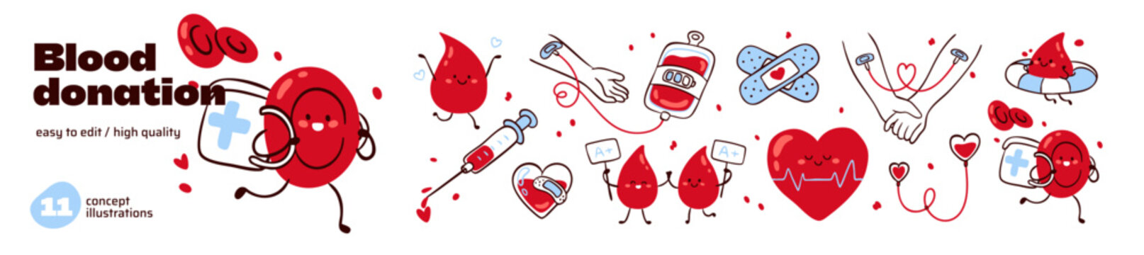 Cute doodle set of blood donation concept. Red cells of donor carry health. Funny characters of with Rh factor, heart and syringe for transfusion. Flat isolated outline vector illustrations on white