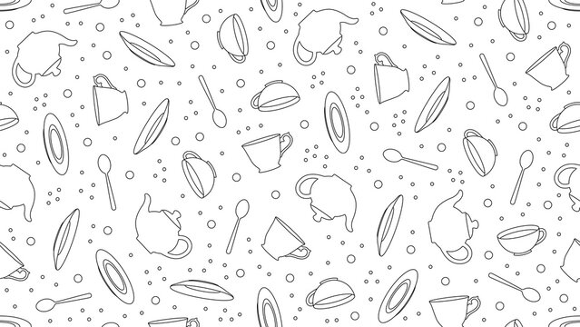 Seamless vector pattern with outline-style teaware icons such as teapots, cups, and teaspoons on a transparent backdrop for tea shops, tea tasting, high tea themes, tea branding, or serving concepts.