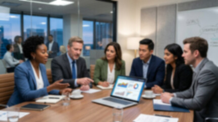 Fototapeta premium Soft focus blurred photo of Diverse group of business people having a professional meeting sitting around a table with a laptop in a modern office