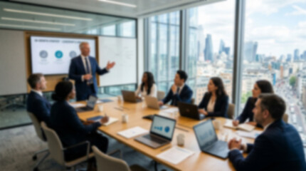 Fototapeta premium Soft focus blurred photo of Professional business team having a meeting with a presentation in a modern office conference room with large windows and a view of the city