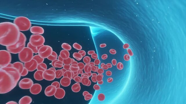 Camera pulling back, red blood cells forming, flowing through vessel for oxygen delivery, cyan wall