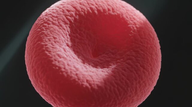 Scene starting erythrocyte rotating tilting zooming to reveal biconcave shape in microscopic field