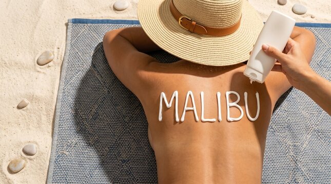Pessoa aplicando protetor solar em forma de "MALIBU" nas costas na praia