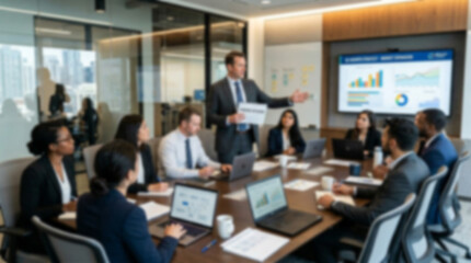 Fototapeta premium Soft focus blurred photo of Professional business team having a productive meeting in a modern office boardroom with charts on screen