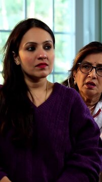 Experienced Indian lady doctor woman checking young female patient in clinic using stethoscope, torch and pulse examination during routine health checkup in modern medical facility