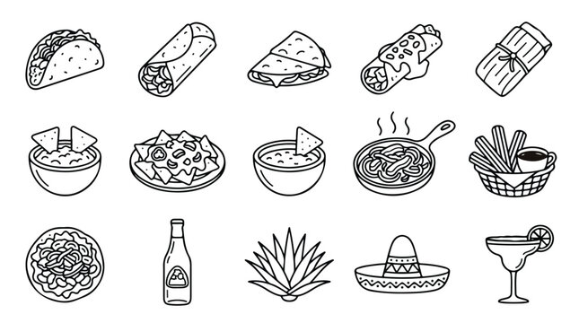 Mexican food icon set, hand drawn black outline vector illustrations of taco, burrito, nachos and margarita, 15 traditional cuisine elements