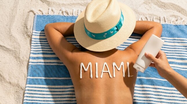 Pessoa na praia aplica protetor solar com o nome 'Miami' nas costas