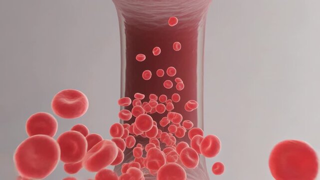 Entering red blood cell cluster creating steady downward flow to viewer inside vascular lumen, glow