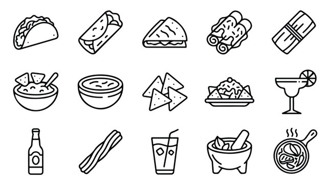 Mexican food line icons set, 15 black and white vector illustrations of taco, burrito, nachos and margarita, traditional cuisine menu graphics