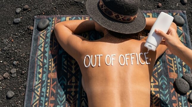 Pessoa aplicando protetor solar em forma de "OUT OF OFFICE" nas costas na praia
