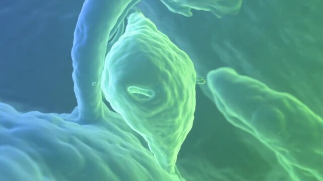 Contacting left stalk, sphere deforming at membrane surface while pseudopods wrapping for uptake