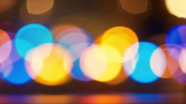 Abstract Bokeh Lights: A vibrant and colorful abstract background composed of blurred, out-of-focus circular lights in various hues of blue, yellow, and orange.