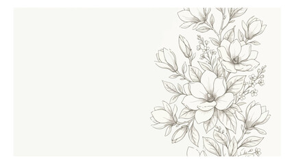 Vintage magnolia flower line art vector, elegant floral sketch border on cream background, hand drawn botanical illustration for wedding invitations © xantii
