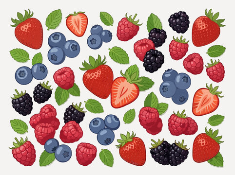 Colorful Summer Mixed Berries Decorative Vector Pattern Background