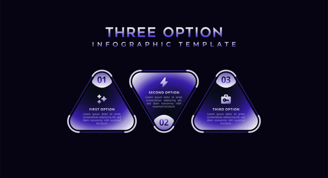 Dark purple business infographic template showcasing a 3 step workflow timeline. Elegant glass design with numbered icons, flowchart elements, presentation graphs and strategic process visualization.