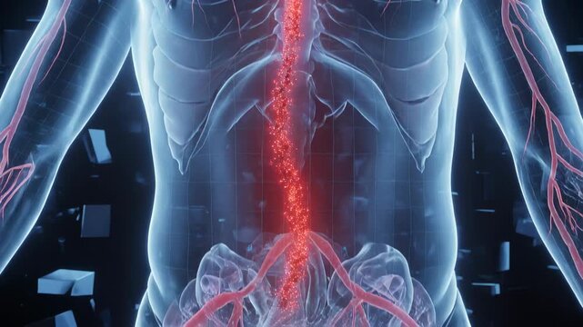 Animating glowing red column flaring and emitting light down clear torso midline, with pink vessels