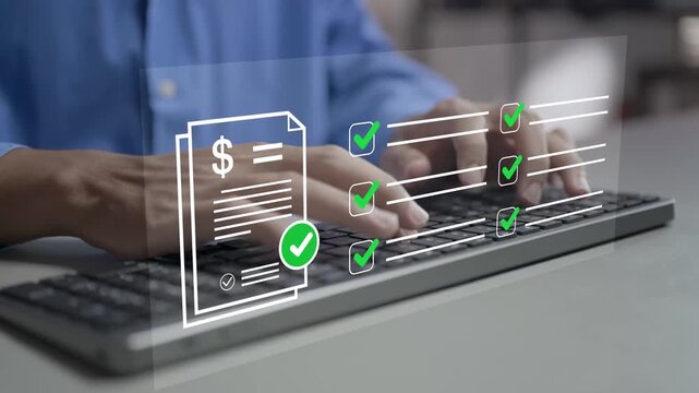 Financial approval management concept. Person typing keyboard with finance and approval workflow icons, budget authorization, expense control and financial governance.