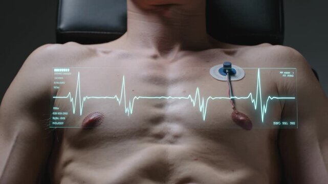 Medical monitor monitoring shirtless male torso after pad placement showing ECG waveform, device