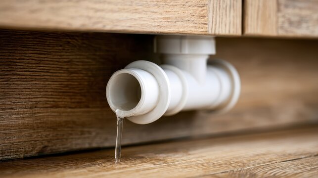 Water dripping from a white plastic pipe onto a wooden floor, indicating a plumbing leak under a cabinet.