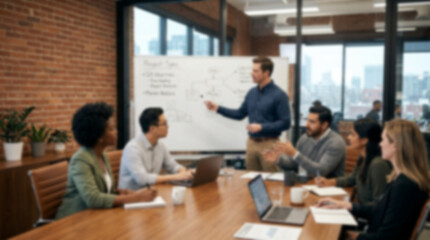 Fototapeta premium Soft focus blurred photo of Business team having a creative meeting with a man pointing at a whiteboard in a modern office with brick wall