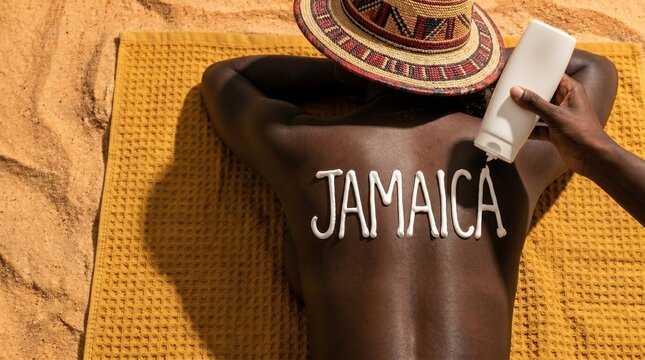 Pessoa aplica protetor solar em forma de letras na pele na praia, em Jamaica