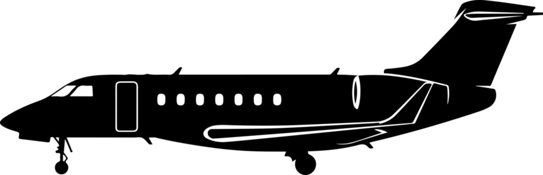 Vector private jet airplane, business aircraft silhouette, corporate travel plane icon, luxury transportation design