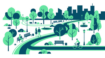 Fototapeta premium Modern Urban Park Scene with People Walking and Cycling on Paths Featuring Green Trees and Cityscape Background in Flat Vector Style