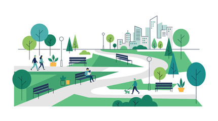 Fototapeta premium Modern Urban Park Landscape with Pedestrians Walking and Relaxing on Benches Surrounded by Lush Green Trees and City Skyline Views