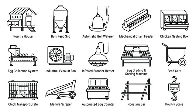 Poultry farming equipment icons set, 15 chicken farm industrial vector elements, automated egg production and livestock management tools