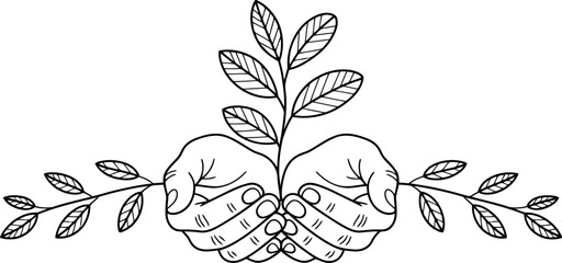 Fototapeta premium Line of Cupped Hands Gently Holding a Growing Plant with Leaves on Branches Extending Outward on a White Background
