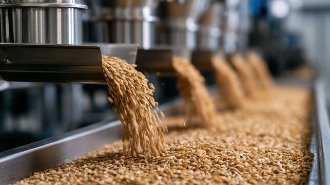Grain processing in a factory with wheat falling from machines onto a conveyor belt