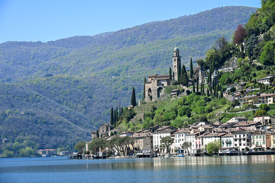 Scenic view of Morcote, Ticino, Switzerland, with its historic church along Lake Lugano