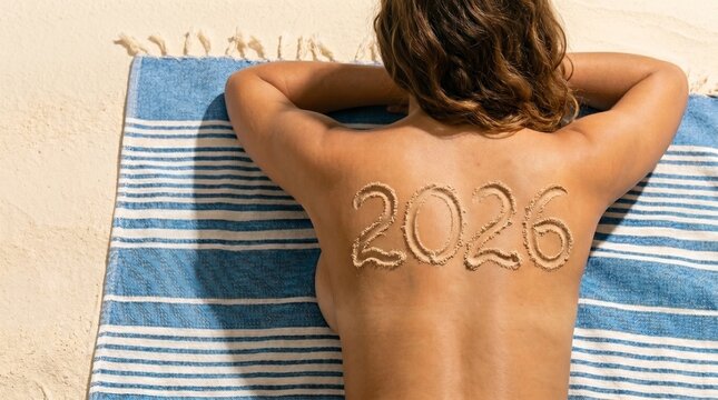 Mulher na praia com o ano 2026 escrito nas costas
